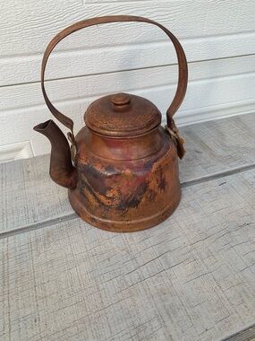 Vintage Copper Brass Tea Kettle Pot w/Lid Spout Made In Turkey Rustic Farmhouse